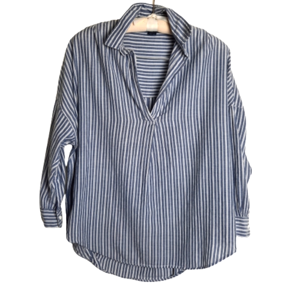 French Connection Oversized V-Neck Shirt, Blue and White stripes, Size XS